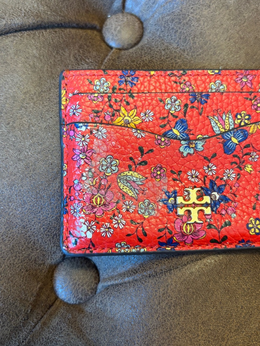 Tory Burch Red Floral Logo Slim Card Holder Wallet - Picture 3 of 5